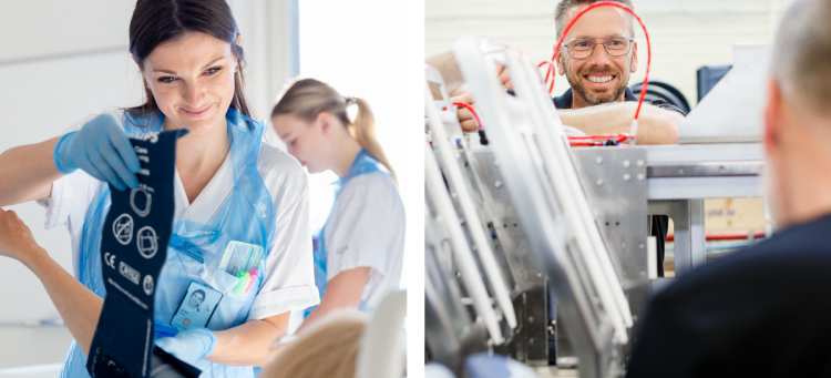 En kvinnlig undersköterska och en manlig maskinoperatör i arbete.