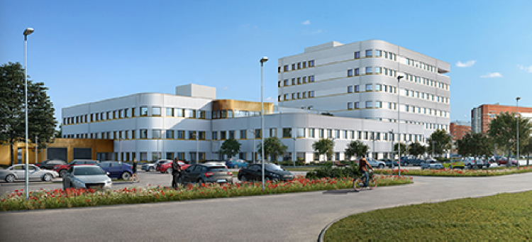 Bilden är datorskapad och föreställer en byggnad med ljus fasad och är i olika höjder