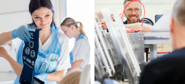 En kvinnlig undersköterska och en manlig maskinoperatör i arbete.