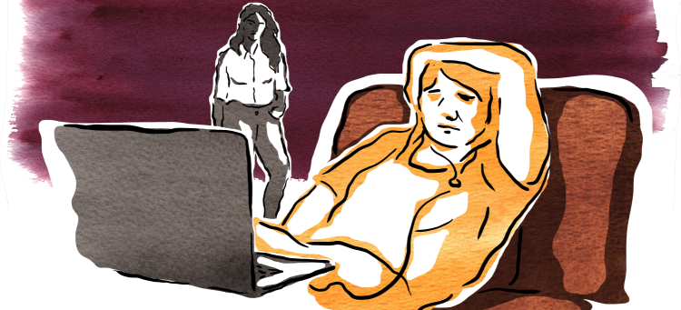 Illustration av ung person sittande i soffa framför en datorskärm. I bakgrunden en vuxen kvinnlig person som kan uppfattas som ungdomens mamma eller anhörig.
