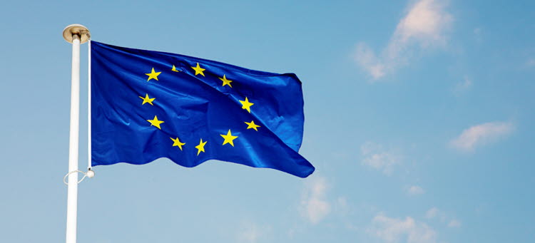 EU-flagga och blå himmel. 