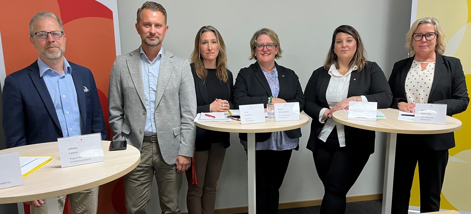 Gruppledarna i Region Kalmar län: Martin Kirchberg (SD), Jimmy Loord (KD), Lena Granath (V), Karin Helmersson (C), Angelica Katsanidou (S), Malin Sjölander (M).